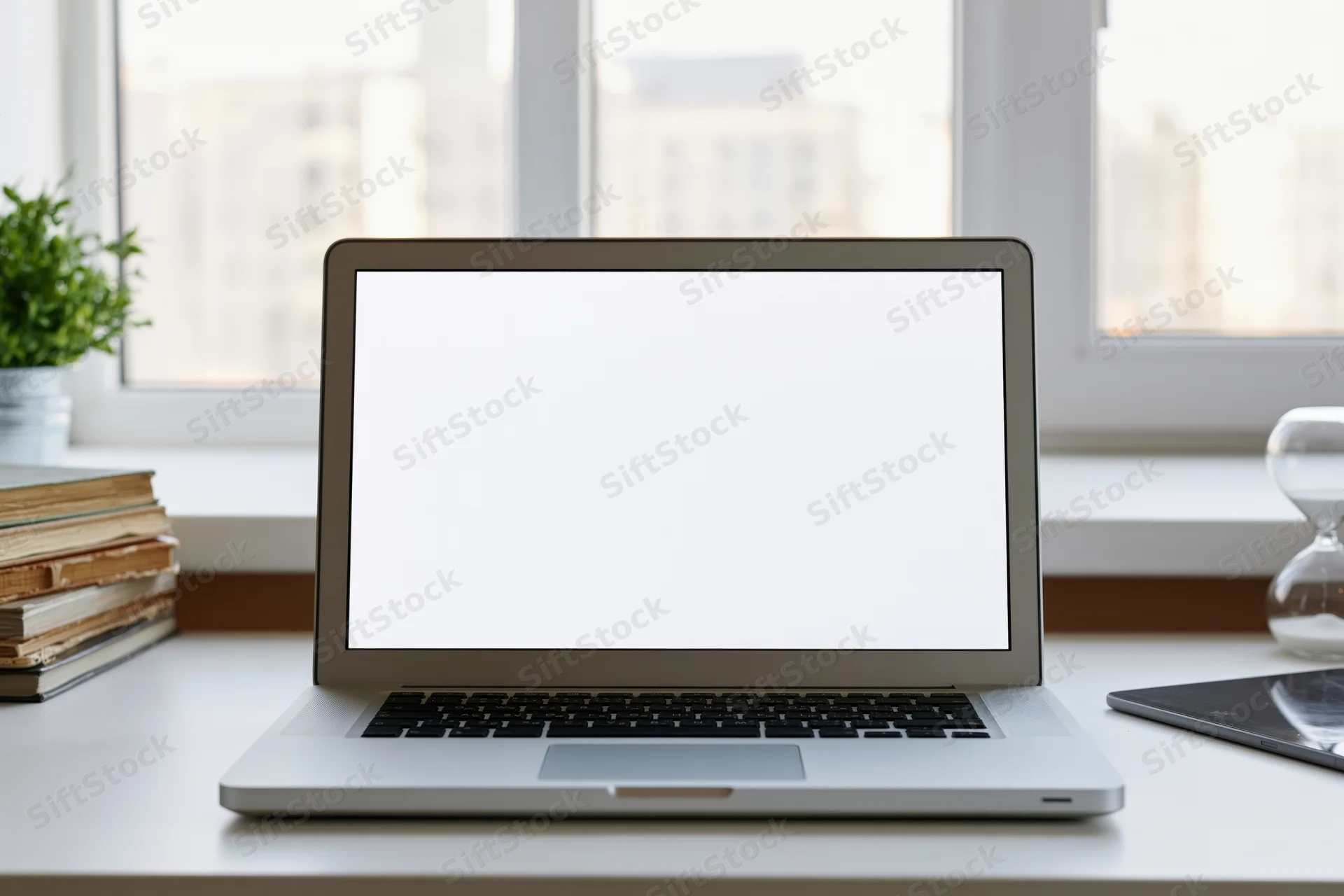 Open laptop with blank white screen on white desk near window
