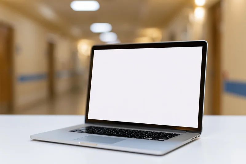 Open laptop with blank white screen on white desk in hospital hallway