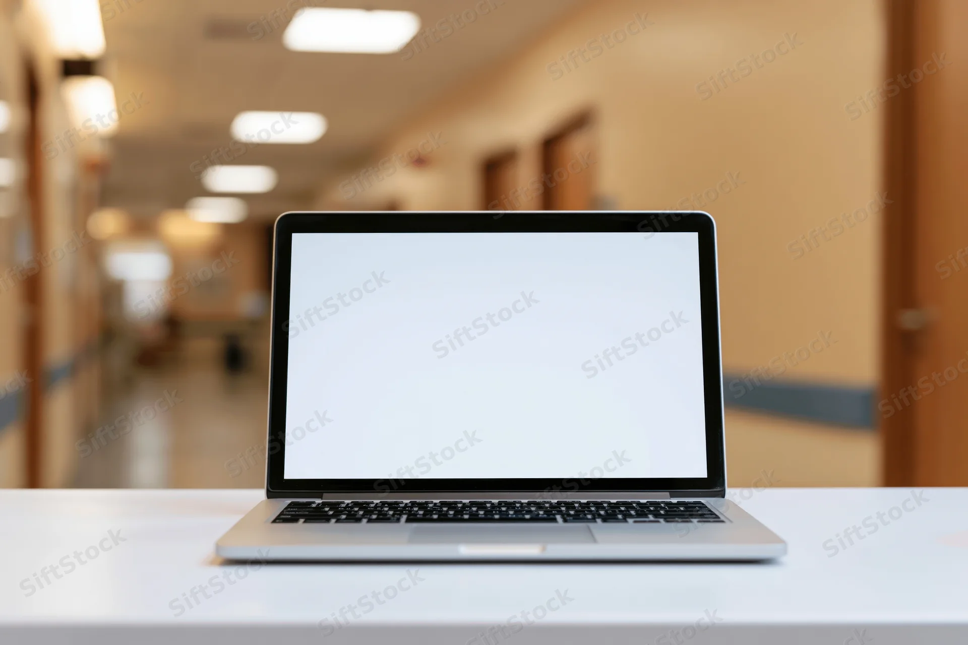 Open laptop with blank white screen on white desk in hospital corridor