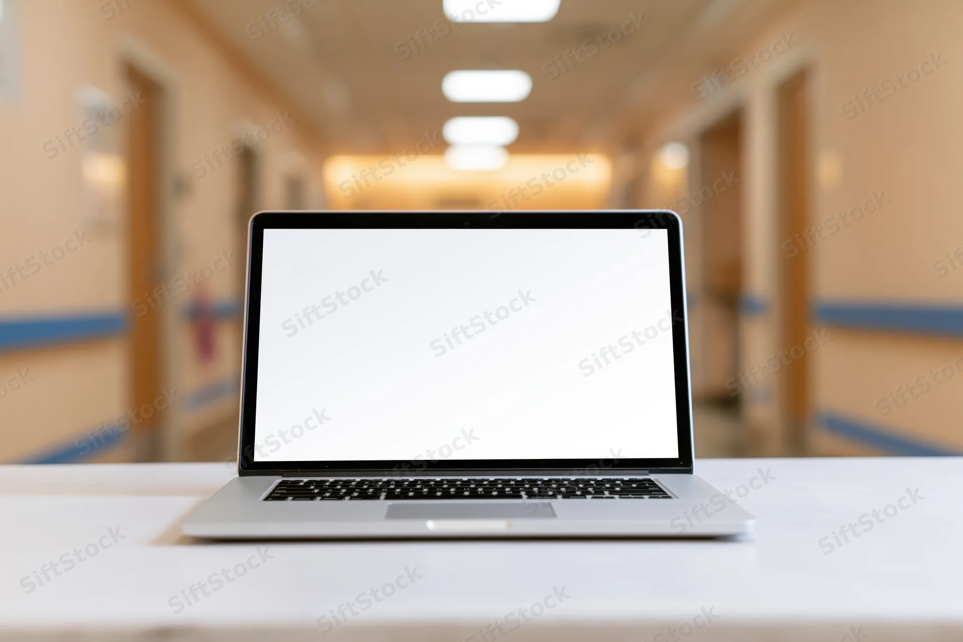 Open laptop with blank white screen on white desk in hospital corridor