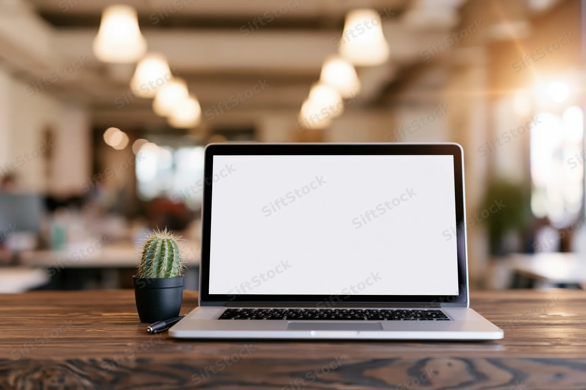 Open laptop with blank white screen on wooden desk in office workspace