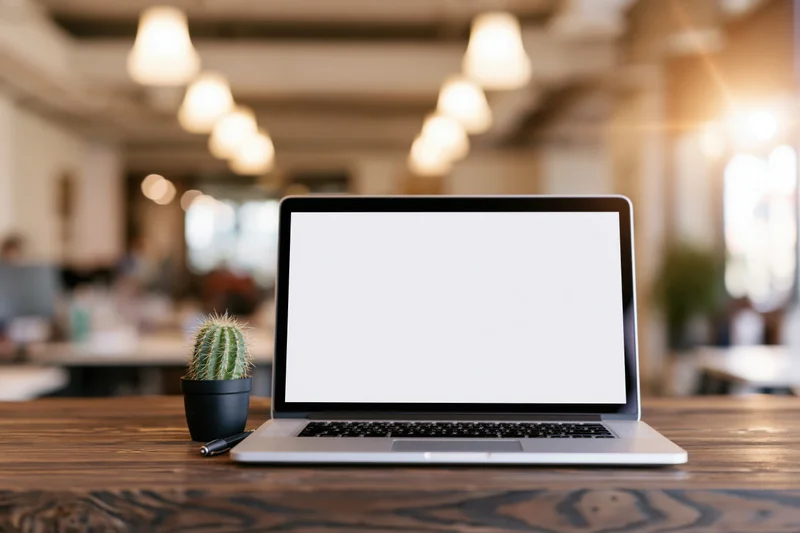 Open laptop with blank white screen on wooden desk in office workspace