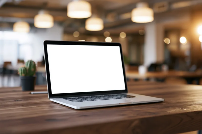 Open laptop with blank white screen on wooden desk in office workspace