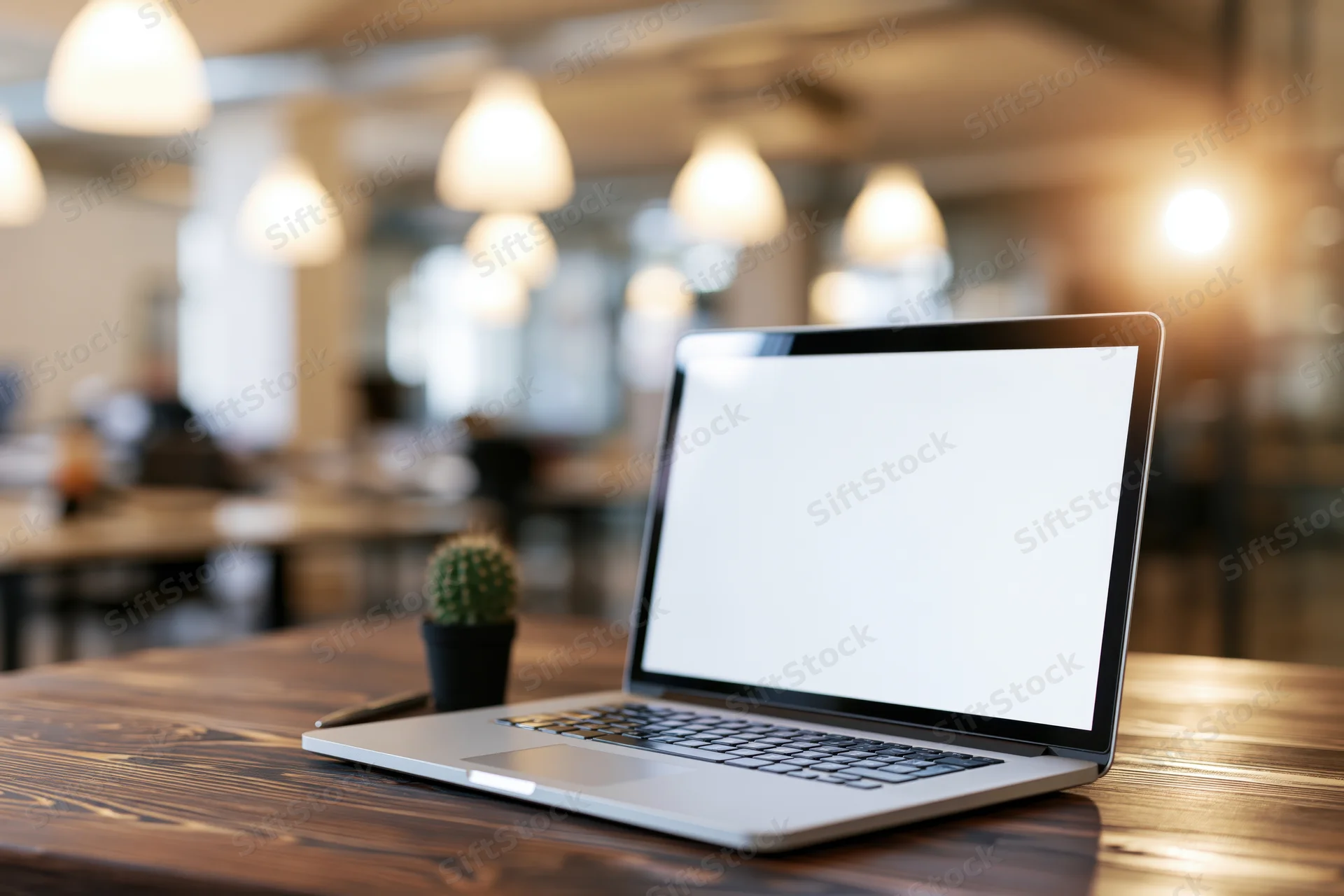 Open laptop with blank white screen on wooden desk in office workspace