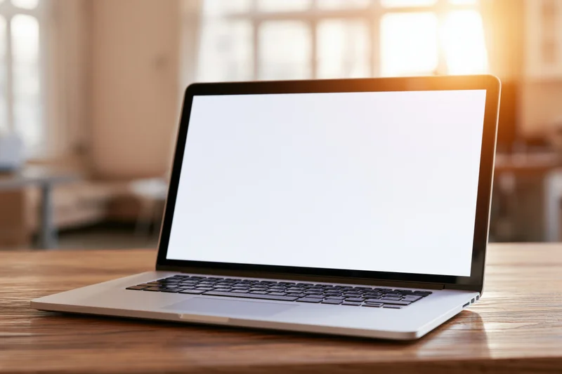 Open laptop with blank white screen on wooden desk in bright office space