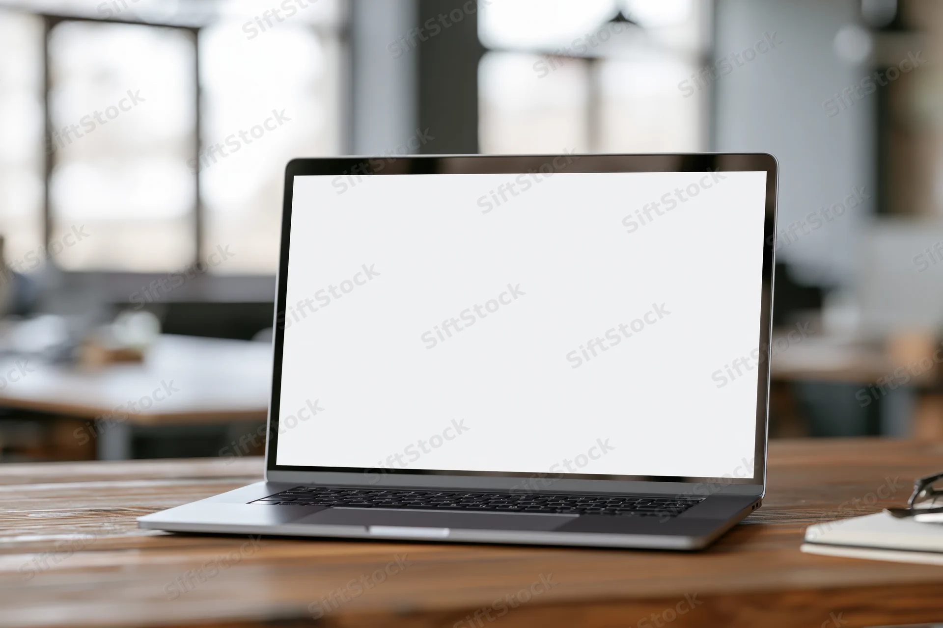 Open laptop with blank white screen on wooden desk in office workspace
