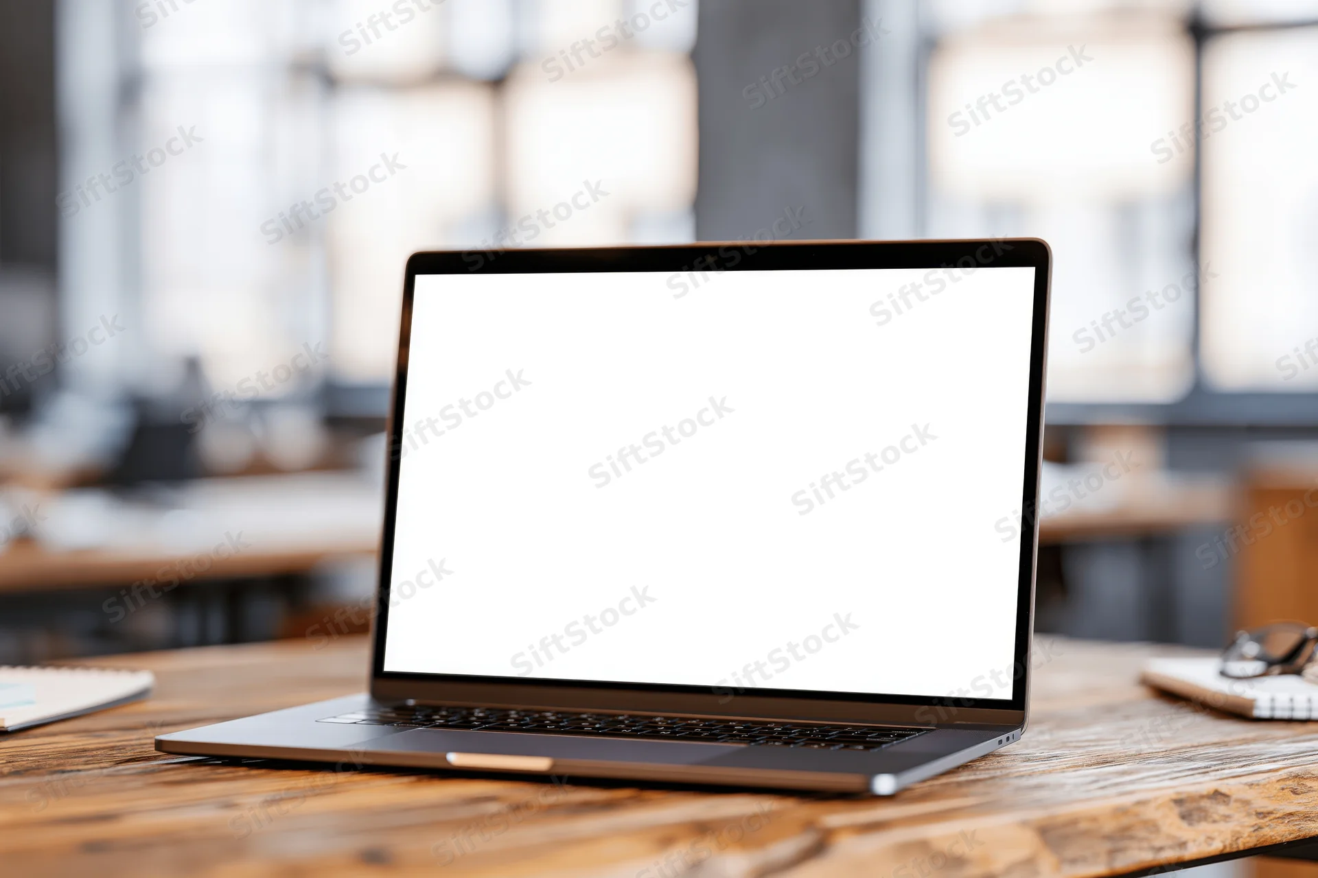 Open laptop with blank white screen on wooden desk in office workspace