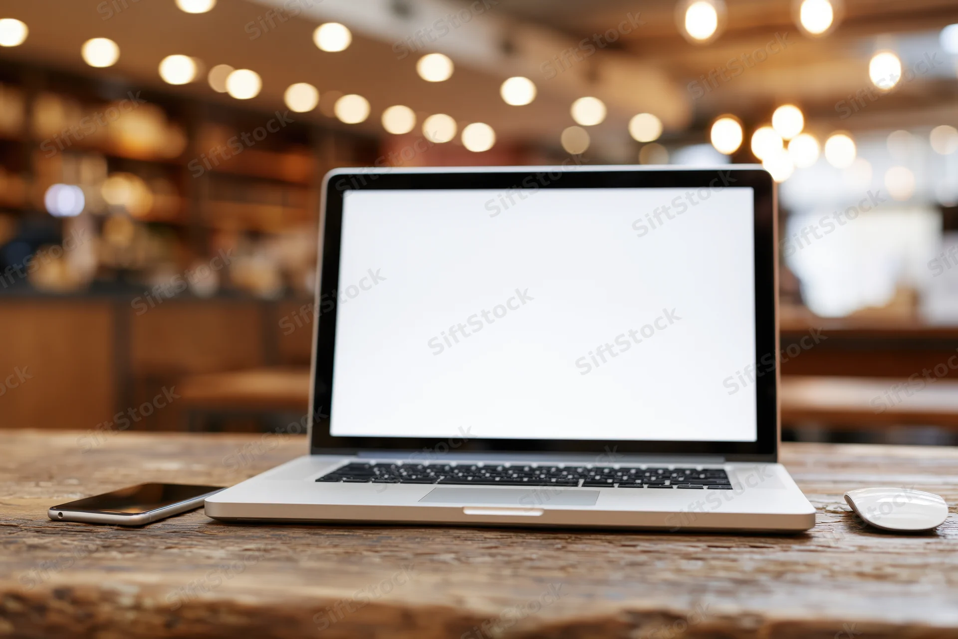 Open laptop with blank white screen on wooden table in cafe interior