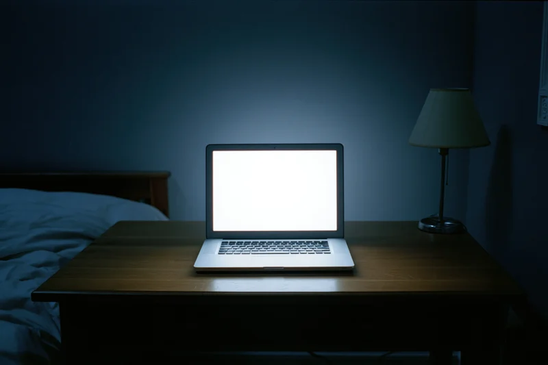 Open laptop with glowing white screen on wooden desk beside bed in dark bedroom