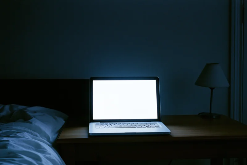 Open laptop with glowing white screen on wooden desk beside bed in dark bedroom at night