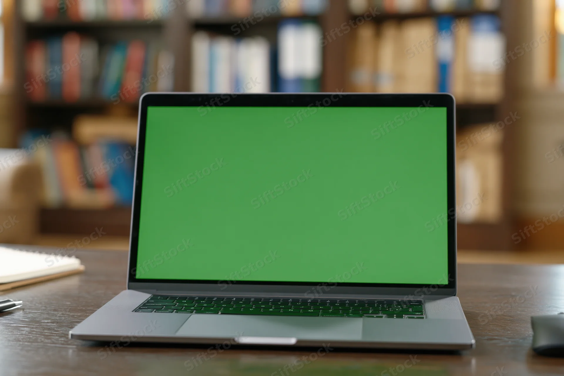 Open laptop with green chroma key screen on wooden desk in front of bookshelf