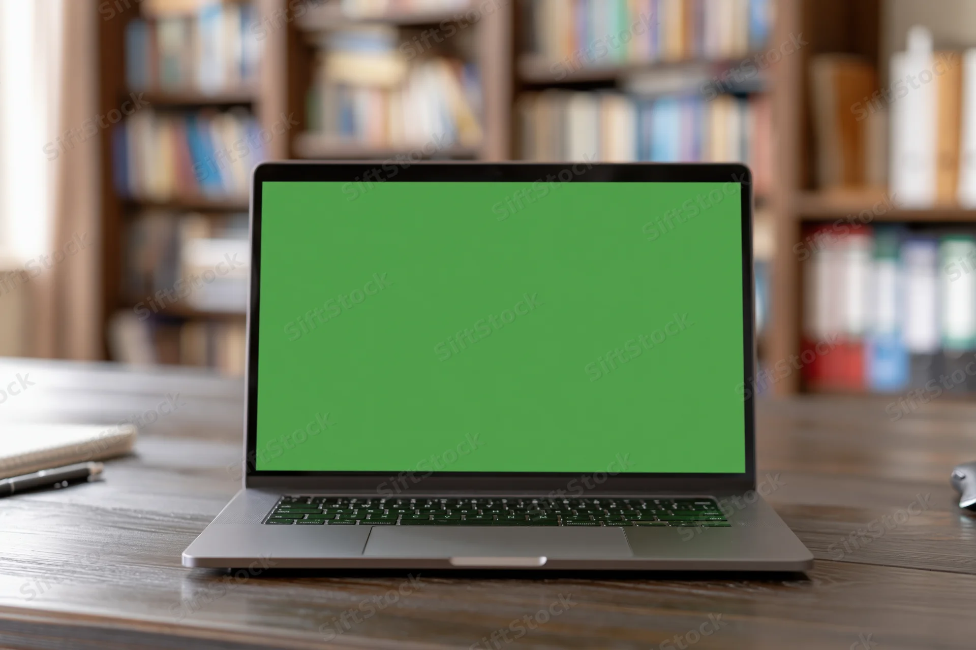 Open laptop with green chroma key screen on wooden desk in front of bookshelf