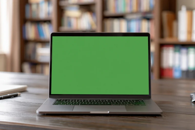 Open laptop with green chroma key screen on wooden desk in front of bookshelf