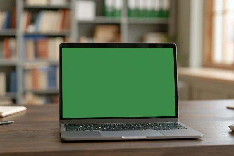 Open laptop with green chroma key screen on wooden desk in home office setting