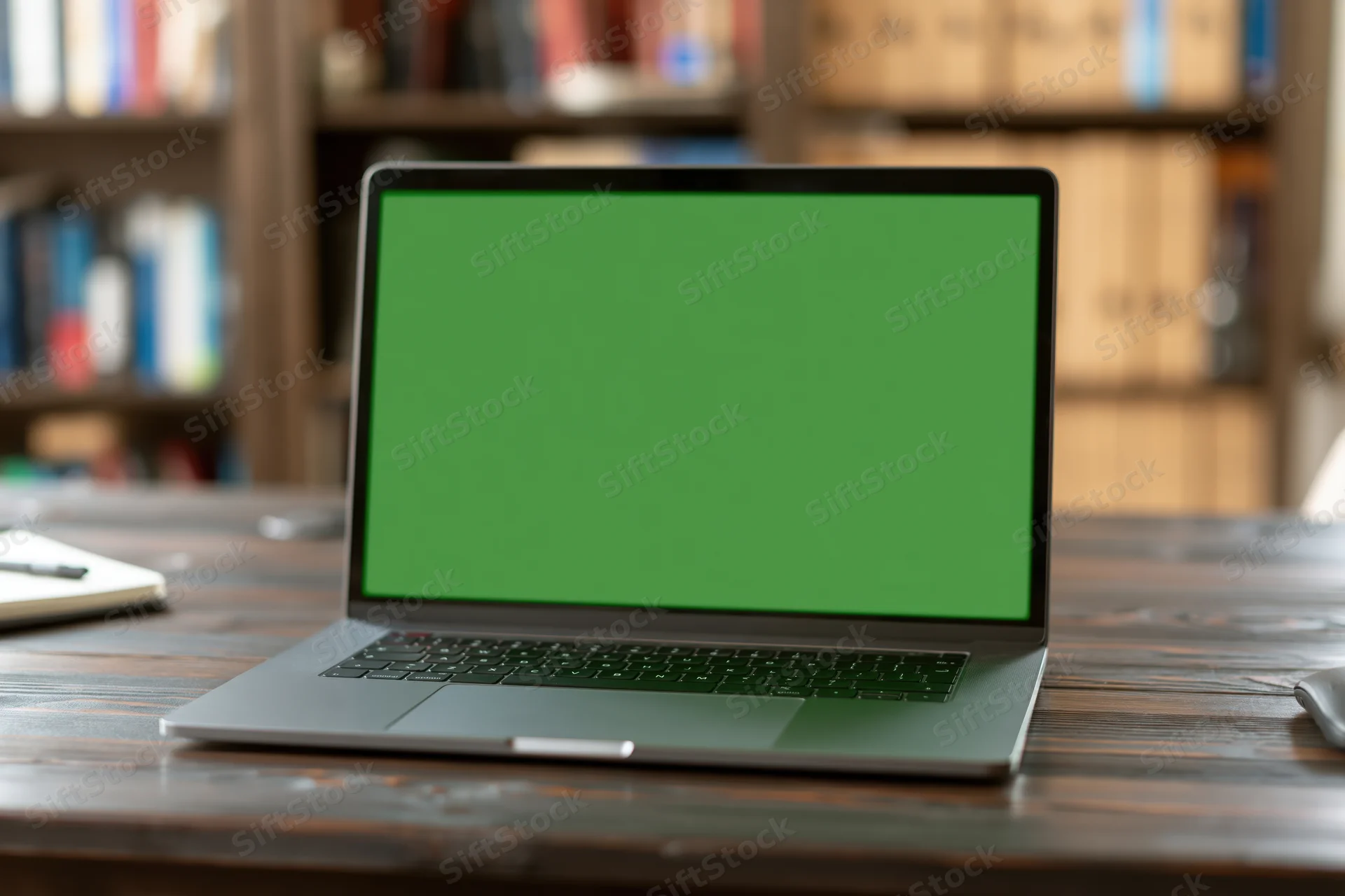 Open laptop with green chroma key screen on wooden desk in front of bookshelf