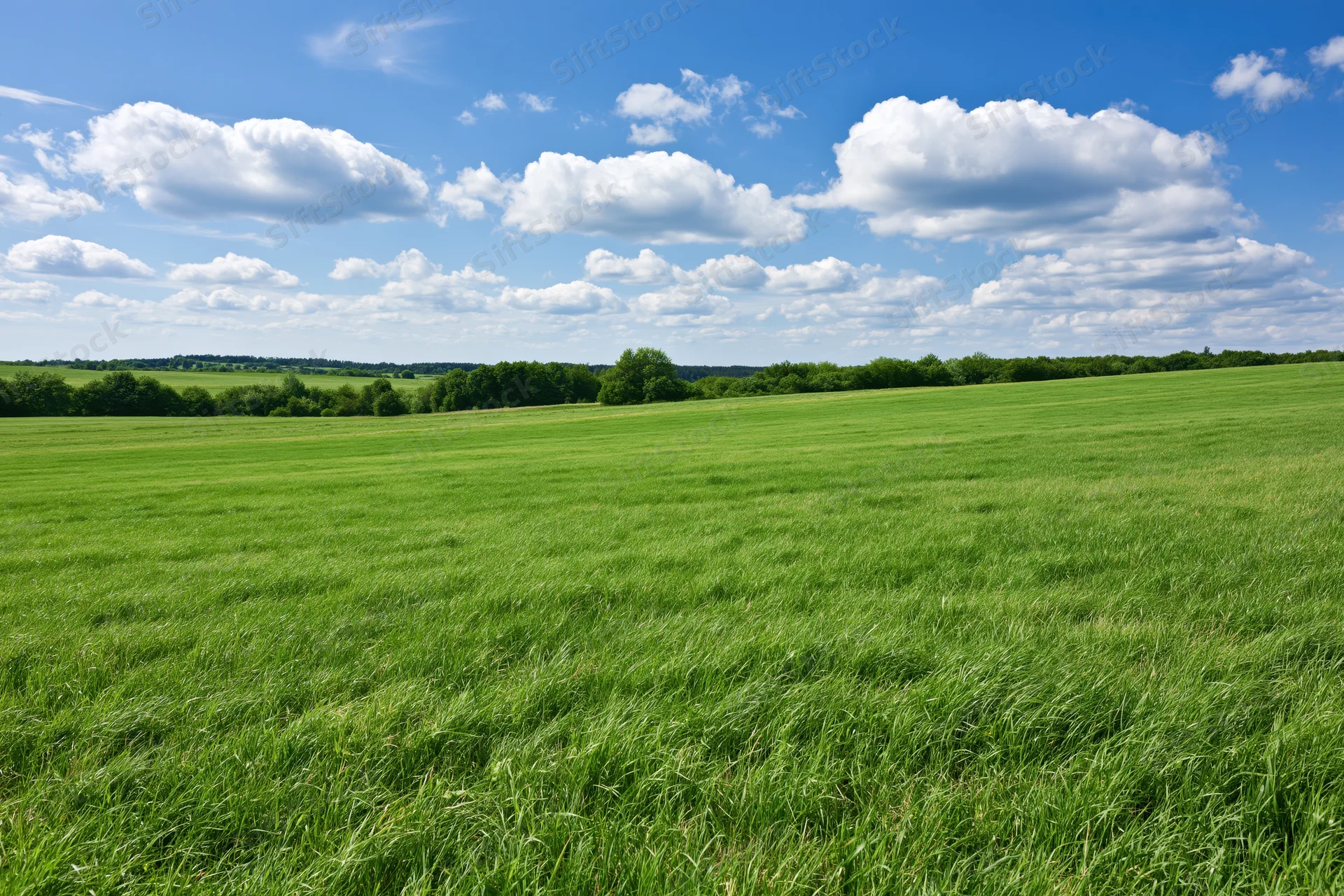 Open green meadow stretching toward tree-lined hills under a blue sky with scattered clouds