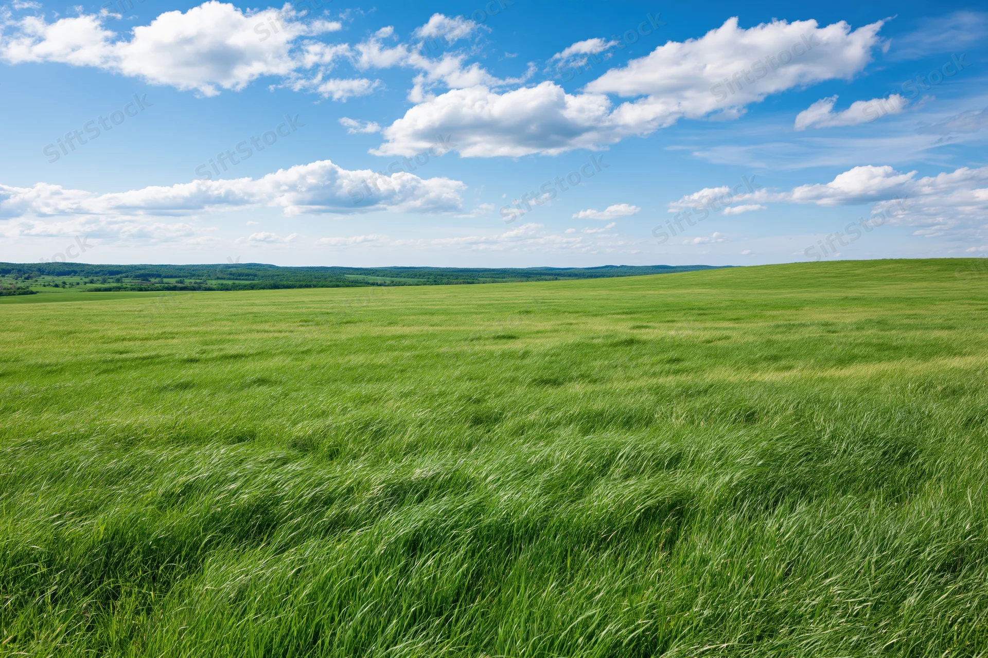 Open green meadow stretching toward tree-lined hills under a blue sky with scattered clouds