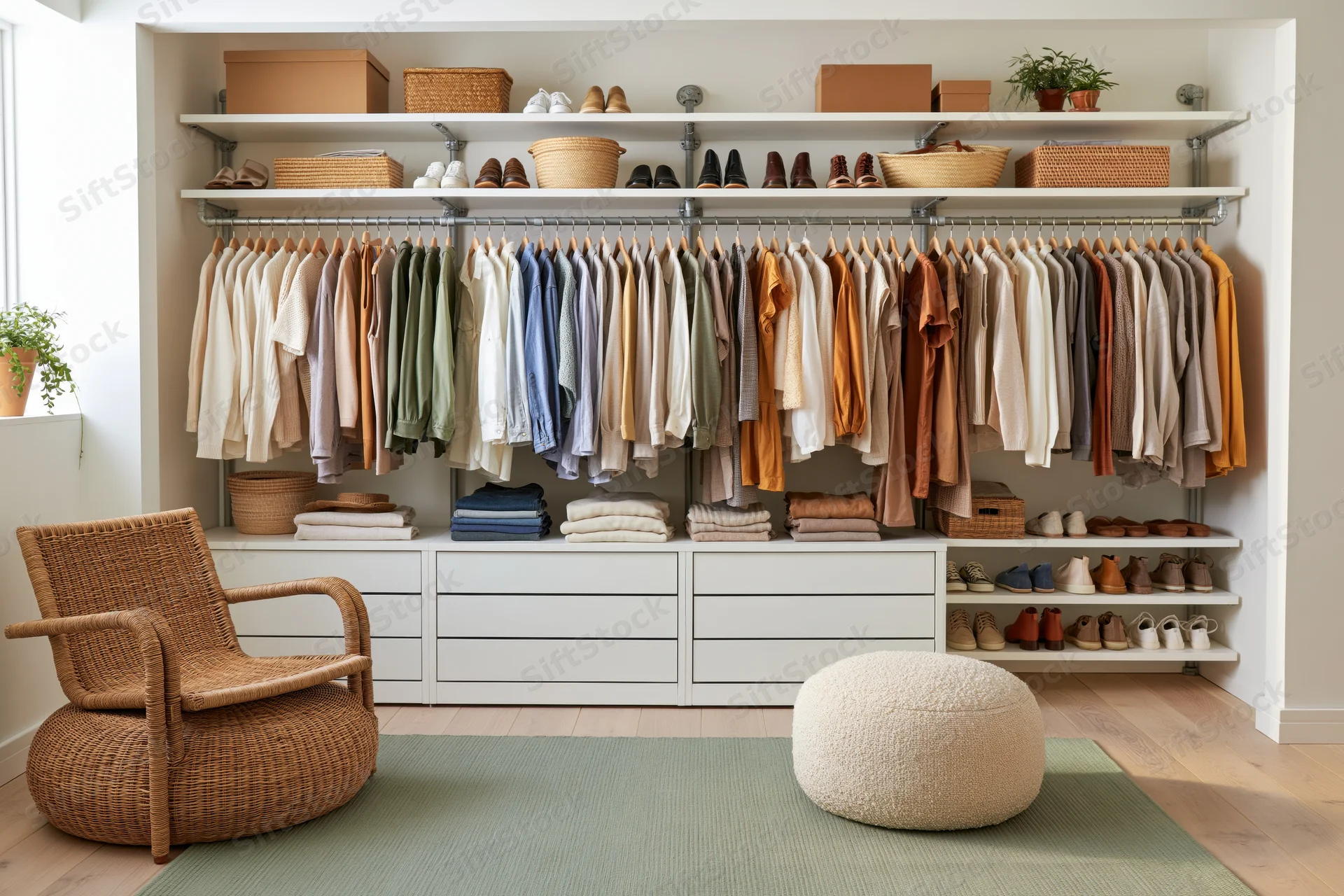 Open walk-in wardrobe with neutral clothing hung on long rack and storage shelves, featuring wicker chair and ottoman on rug