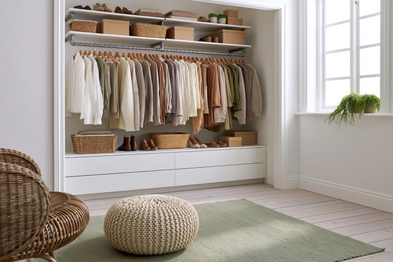 Open walk-in wardrobe with neutral clothing hung on long metal rod, white drawers and shelves, wicker baskets, green rug, and potted plant by window