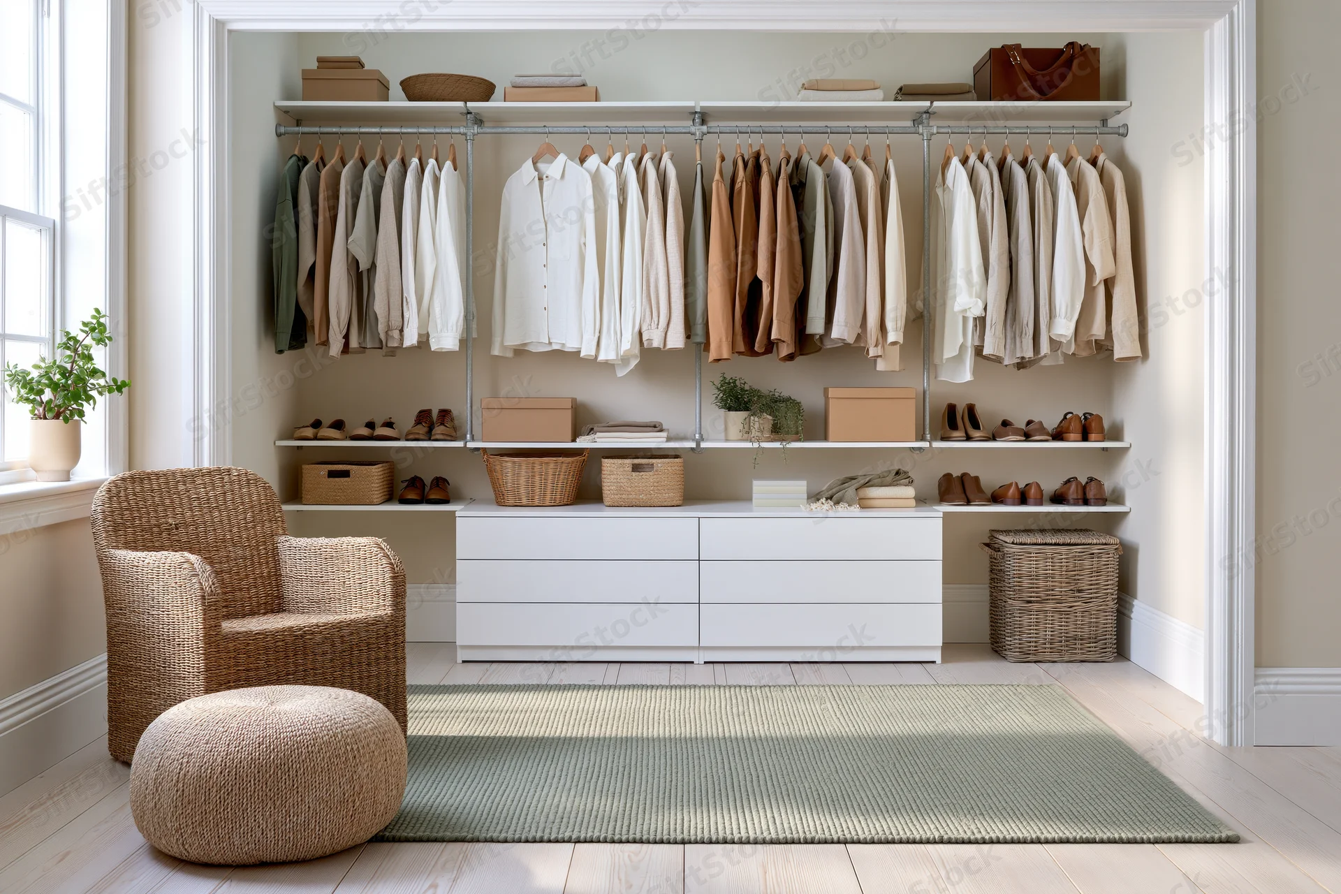 Open walk-in wardrobe with neutral clothing hung on racks and organized shelves, featuring a white cabinet, woven chair and ottoman, and a green rug on light wood flooring