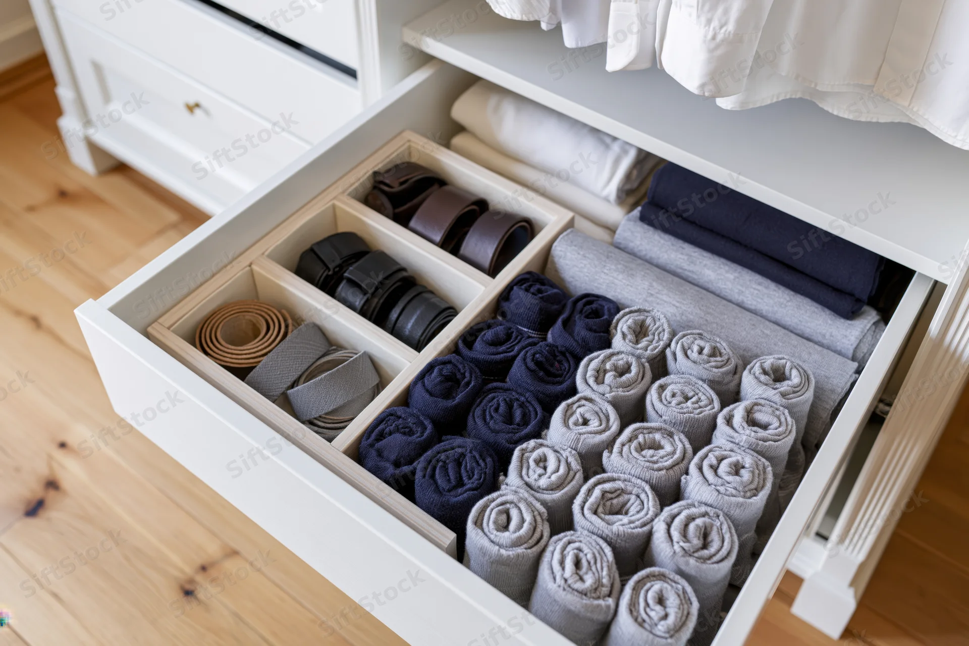 Open wardrobe drawer with rolled socks and belts organized in compartments on wooden floor