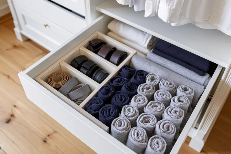 Open wardrobe drawer with rolled socks and belts organized in compartments on wooden floor