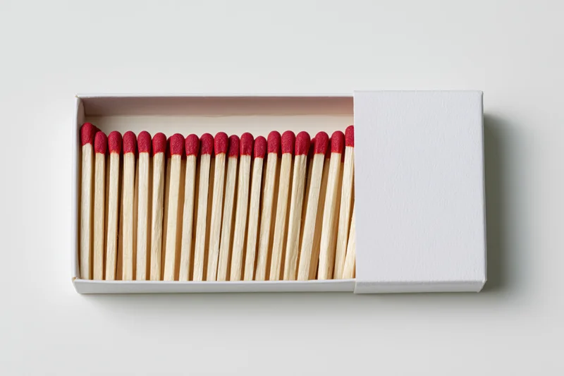 Open white matchbox with red-tipped wooden matches arranged in a row, viewed from directly above on a plain surface
