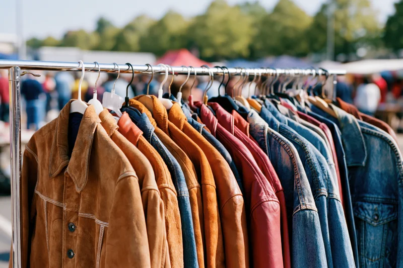 Vintage jackets hanging on a metal rack at an outdoor flea market