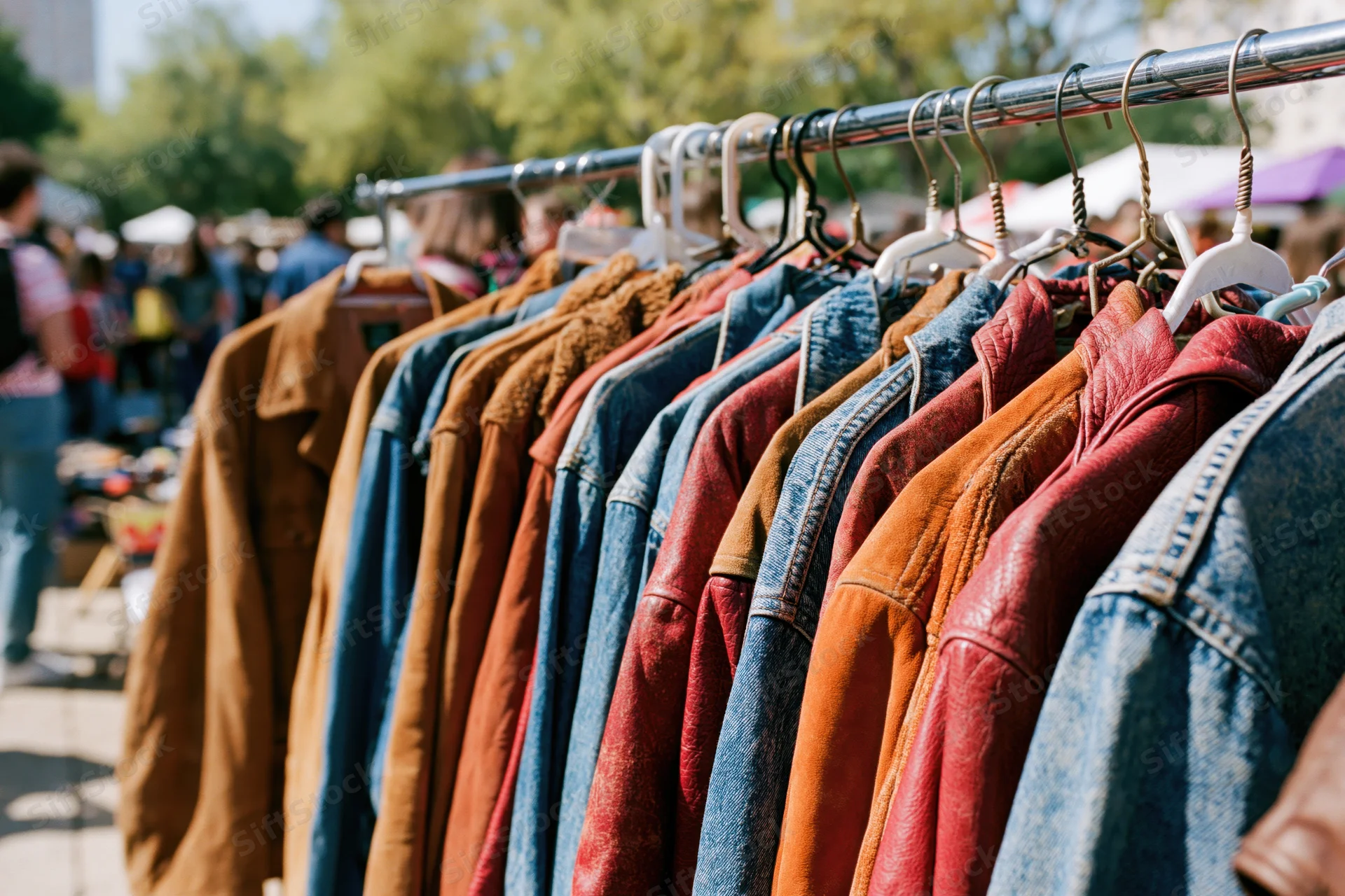 Vintage jackets hanging on a metal rack at an outdoor flea market