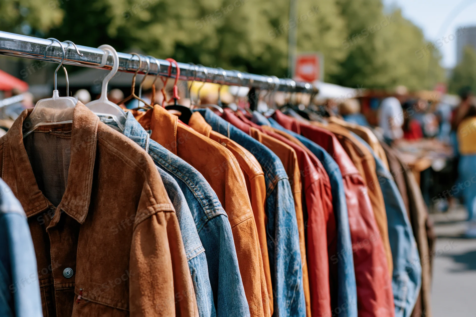 Vintage jackets hanging on a metal rack at an outdoor flea market