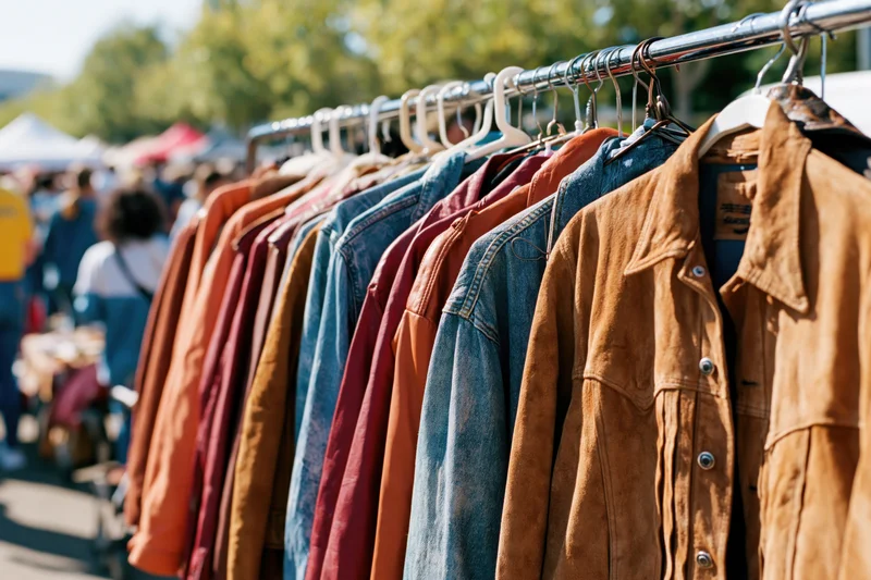 Vintage jackets hanging on a metal rack at an outdoor flea market
