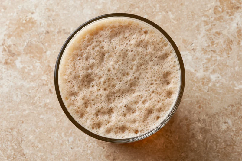 Overhead close-up of a pint glass filled with beer and foamy head on a stone countertop