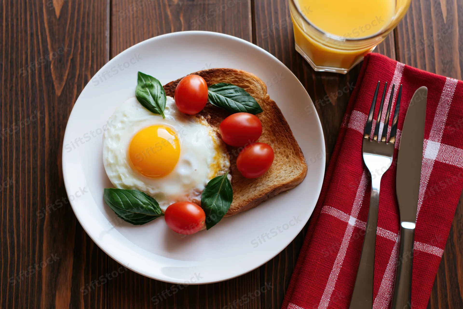 Fried egg on toast with cherry tomatoes and basil on a white plate, accompanied by orange juice and cutlery on a wooden table