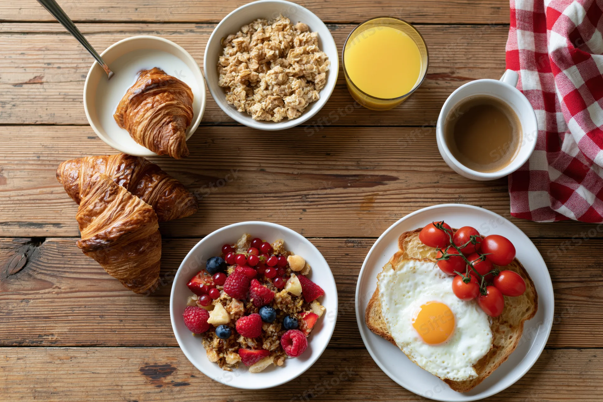 Breakfast spread arranged overhead on wooden table with croissants, toast, egg, fruit, granola, coffee, and juice