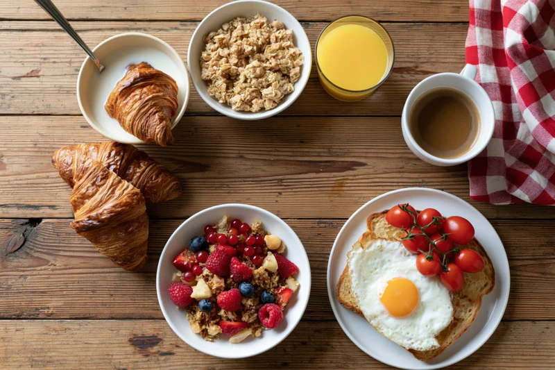 Breakfast spread arranged overhead on wooden table with croissants, toast, egg, fruit, granola, coffee, and juice