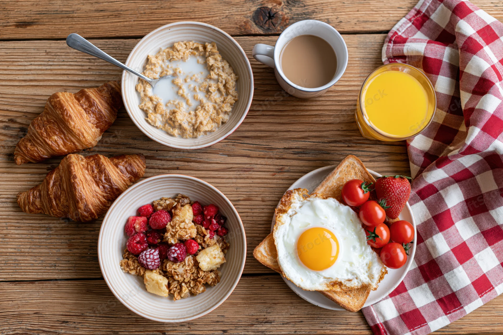 Breakfast spread with croissants, eggs, oatmeal, fruit and drinks arranged on a wooden table in overhead flat lay style