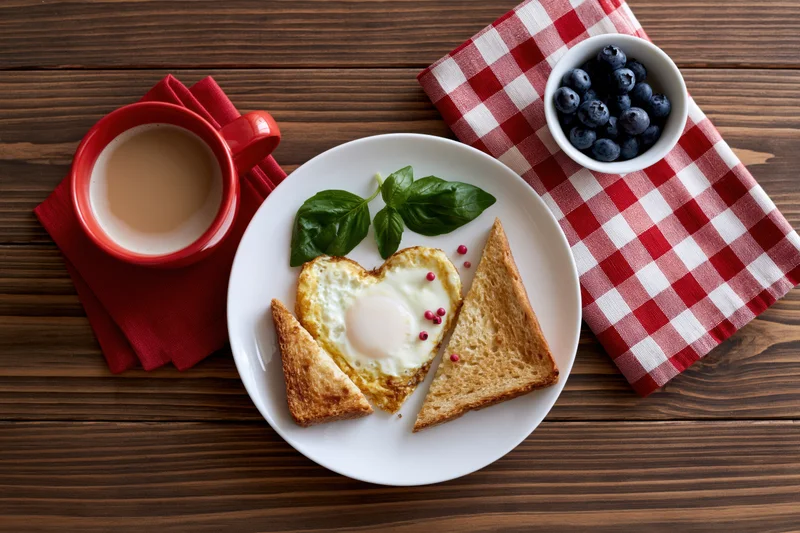 Heart-shaped fried egg on a plate with toast and basil, served with coffee and blueberries on a dark wood table with red checkered napkin