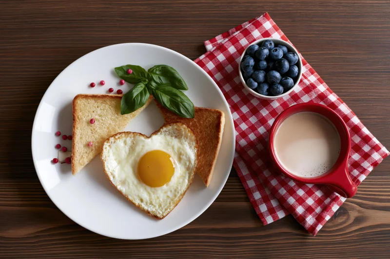 Heart-shaped fried egg on toast with blueberries and coffee on a dark wood table