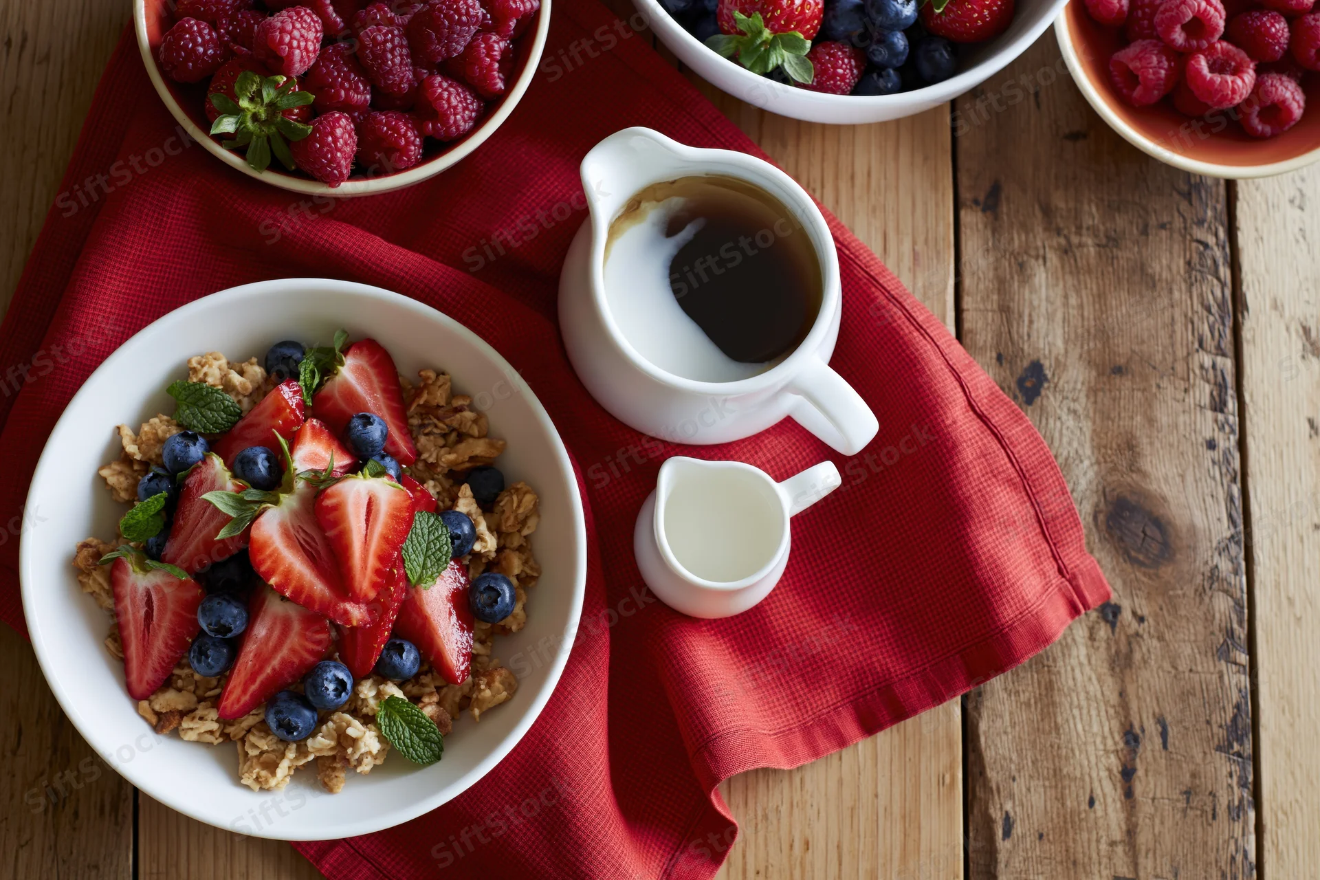 Breakfast spread with granola, berries and yogurt on a wooden table with red napkin