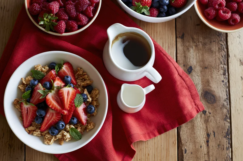Breakfast spread with granola, berries and yogurt on a wooden table with red napkin