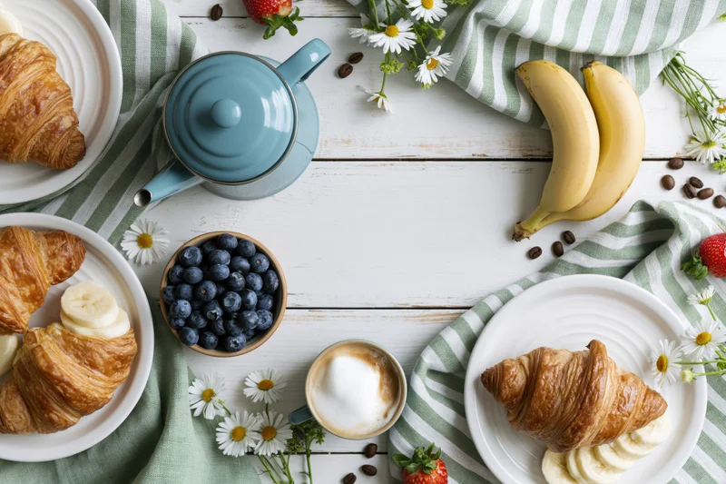 Overhead flat lay of breakfast items including croissants, bananas, blueberries, coffee, and daisies on a white wooden table with striped napkins