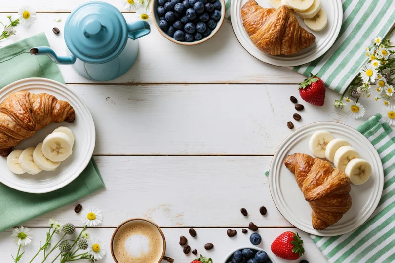 Overhead flat lay of breakfast with croissants, fruit, coffee and flowers on white wooden table