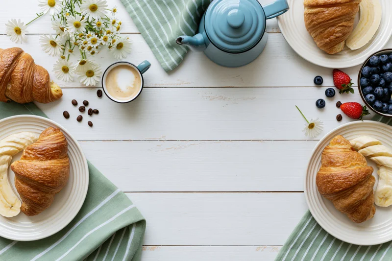 Overhead flat lay of breakfast with croissants, coffee, fruit and flowers on white wooden table