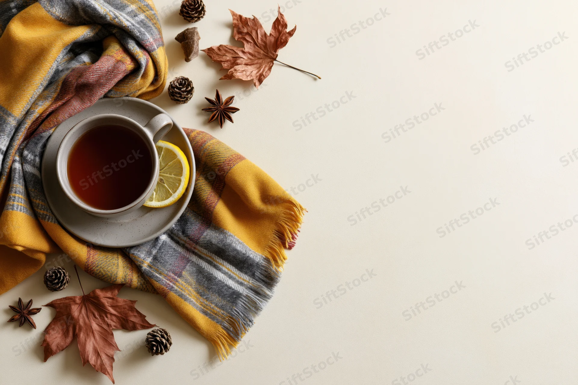 Ceramic cup of black tea with lemon slice on plaid scarf and autumn leaves flat lay on light surface