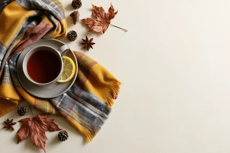 Ceramic cup of black tea with lemon slice on plaid scarf and autumn leaves flat lay on light surface