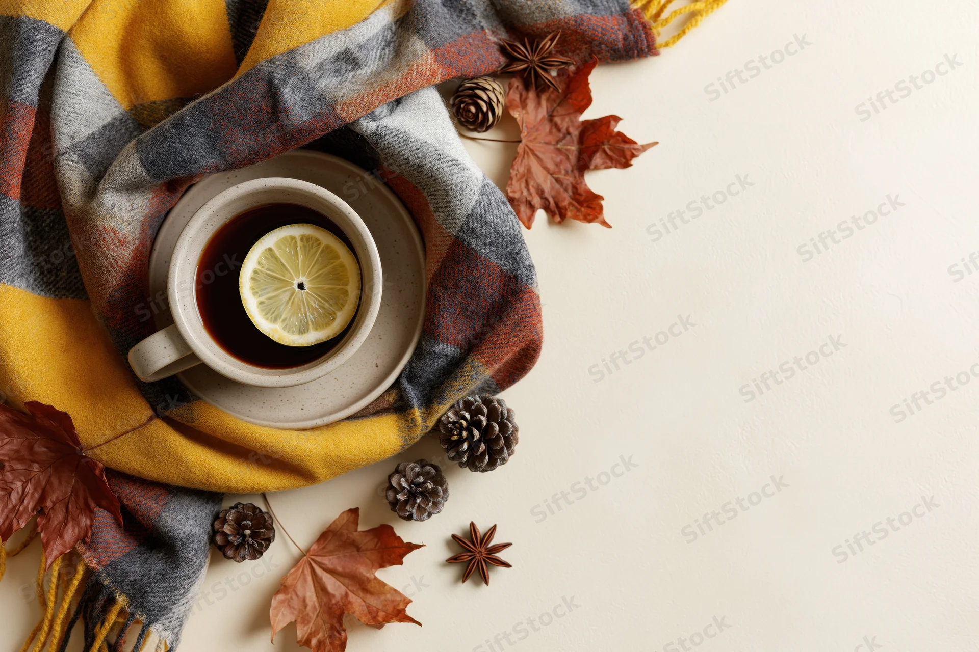 Ceramic cup of tea with lemon slice on plaid scarf and autumn leaves, flat lay on white surface