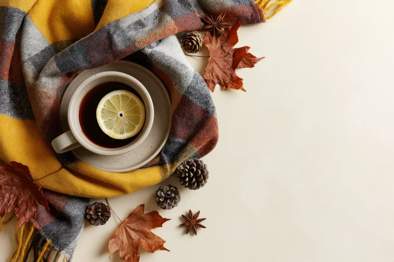 Ceramic cup of tea with lemon slice on plaid scarf and autumn leaves, flat lay on white surface