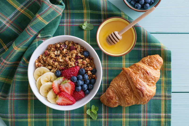 Overhead flat lay of a white bowl of granola with banana, strawberry, blueberry, and mint, next to a croissant and honey on a plaid napkin on a wooden table