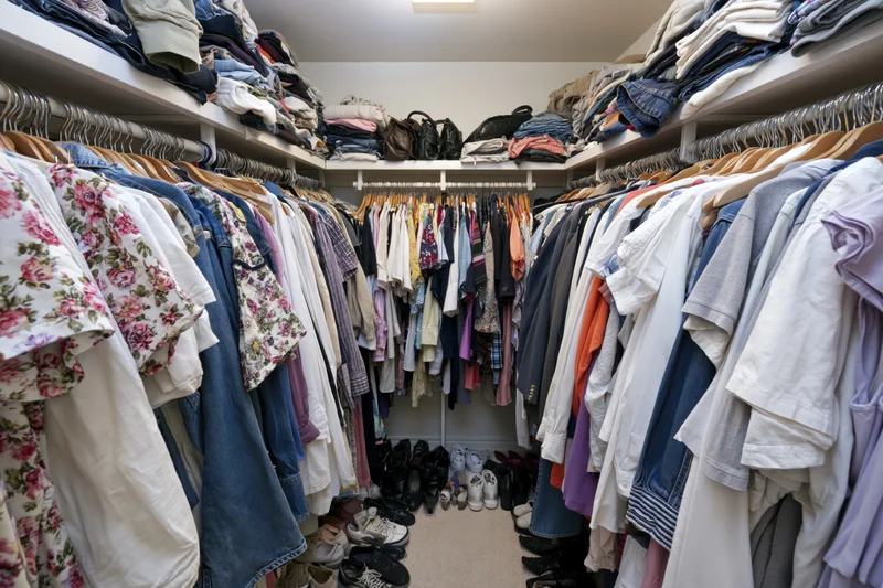 Overstuffed walk-in closet with double hanging rods filled with clothes and shoes on shelves and floor