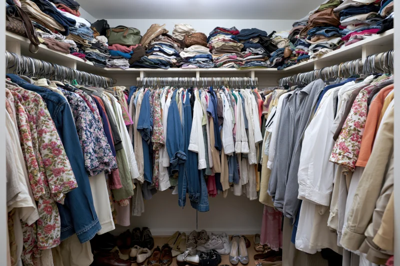Overstuffed walk-in closet with double hanging rods filled with clothes and shoes, shelves stacked with folded garments